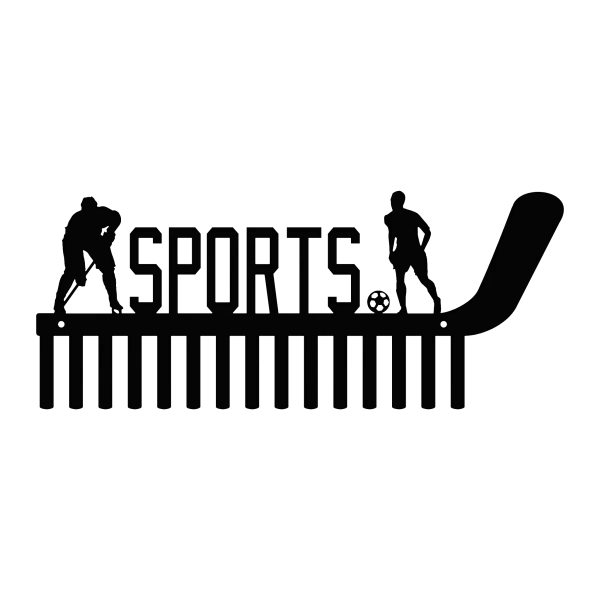 A black painted steel medal holder featuring the word 'SPORTS' with silhouettes of a hockey player and a soccer player on a hockey stick design. Includes 15 hooks for hanging medals.